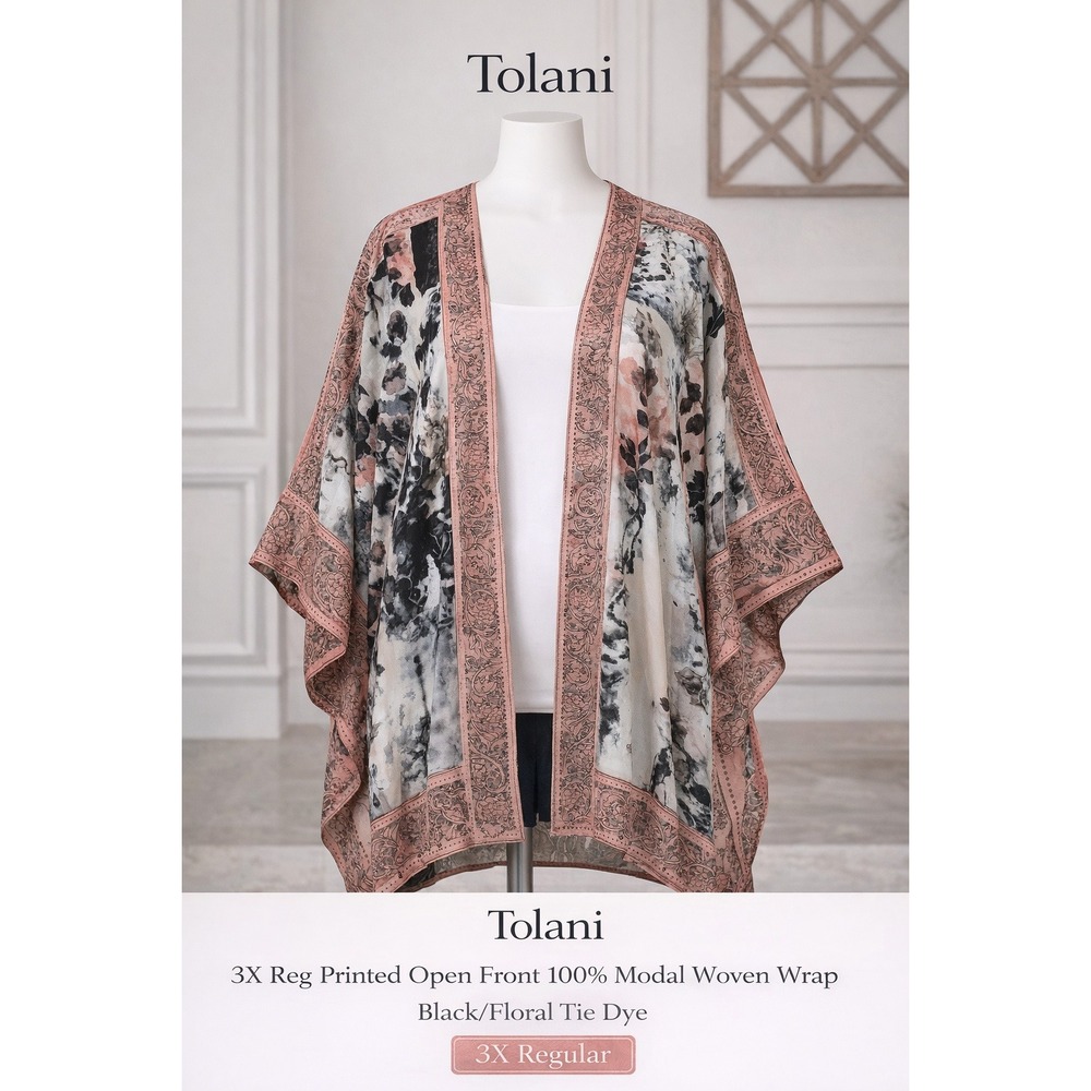 Tolani Raelyn Printed Open Front 100% Modal Woven Wrap Kimono Black Floral 3X